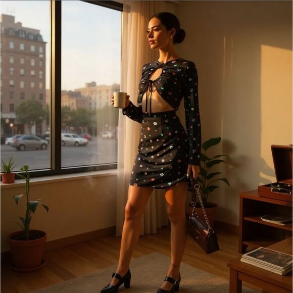 Trippy Floral Cut-Out Mini Dress w/ Long Sleeves by Another Girl – Dusk Bloom M - Picture 3 of 4